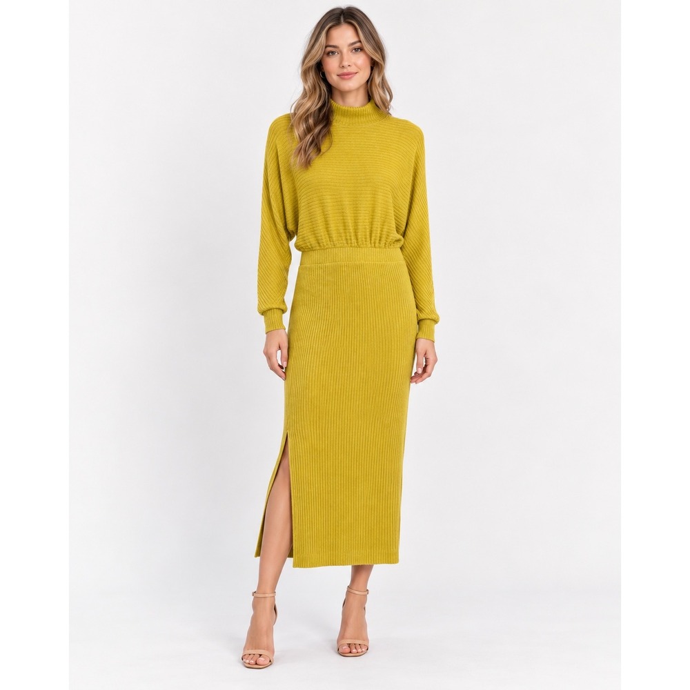 Anthropologie Midi Dress Womens M Mustard Yellow Ribbed Knit Mock Neck EUC